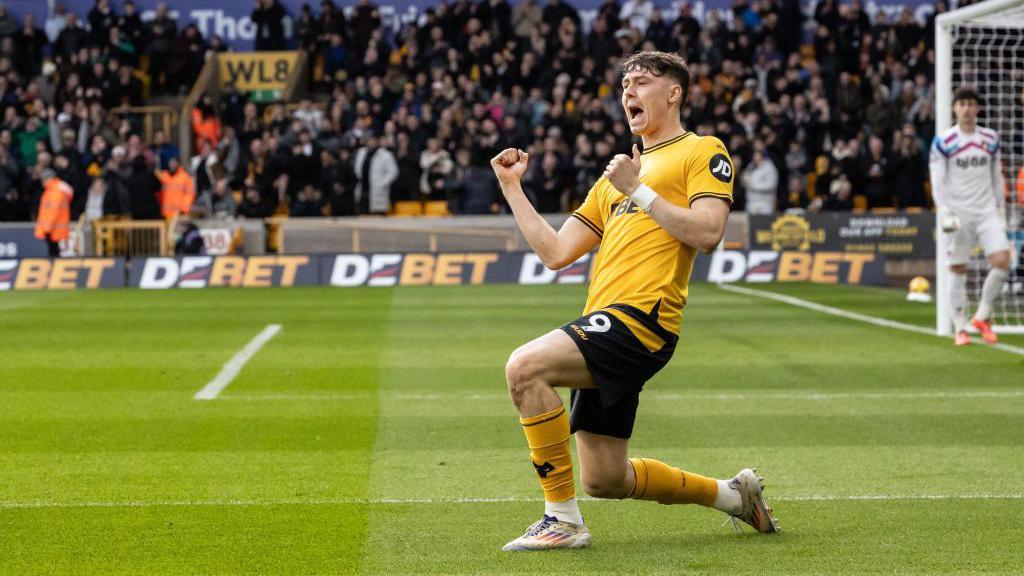 Jorgen Strand Larsen celebrates scoring a goal for Wolves