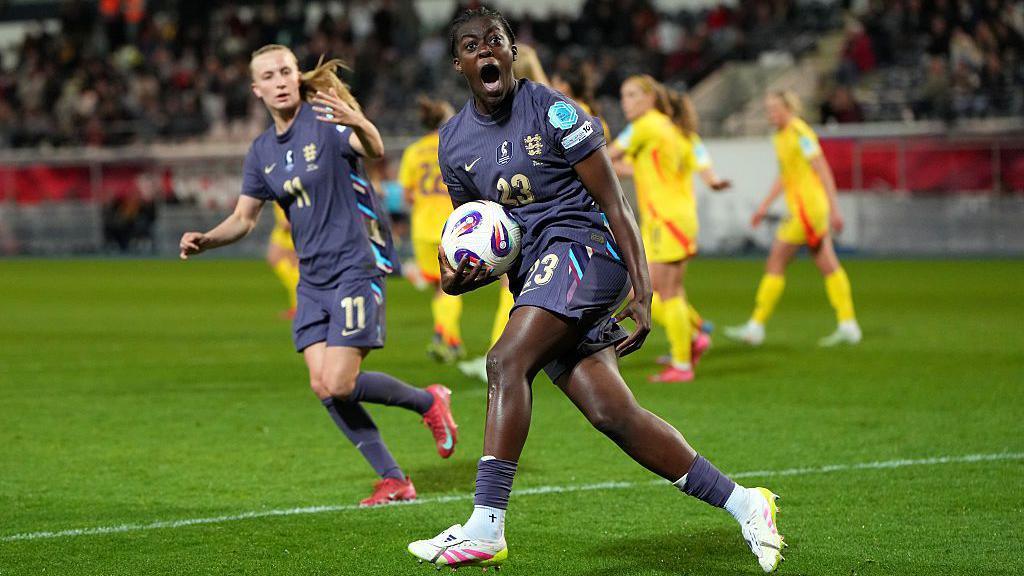 Michelle Agyemang of England celebrates scoring her team's second goal against Belgium
