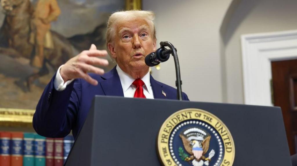 Trump gestures with one hand as he speaks into a microphone in the White House