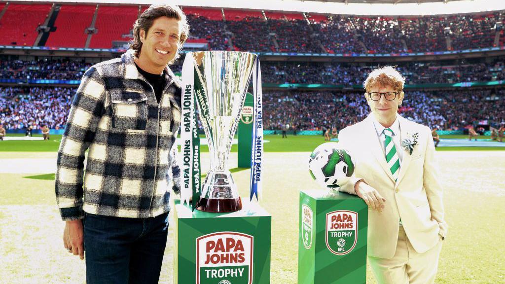 Josh Widdicombe (right) poses with famous Bolton fan Vernon Kay before the 2023 Papa Johns Trophy final - the last time Plymouth reached Wembley. Sadly, the Pilgrims lost 4-0