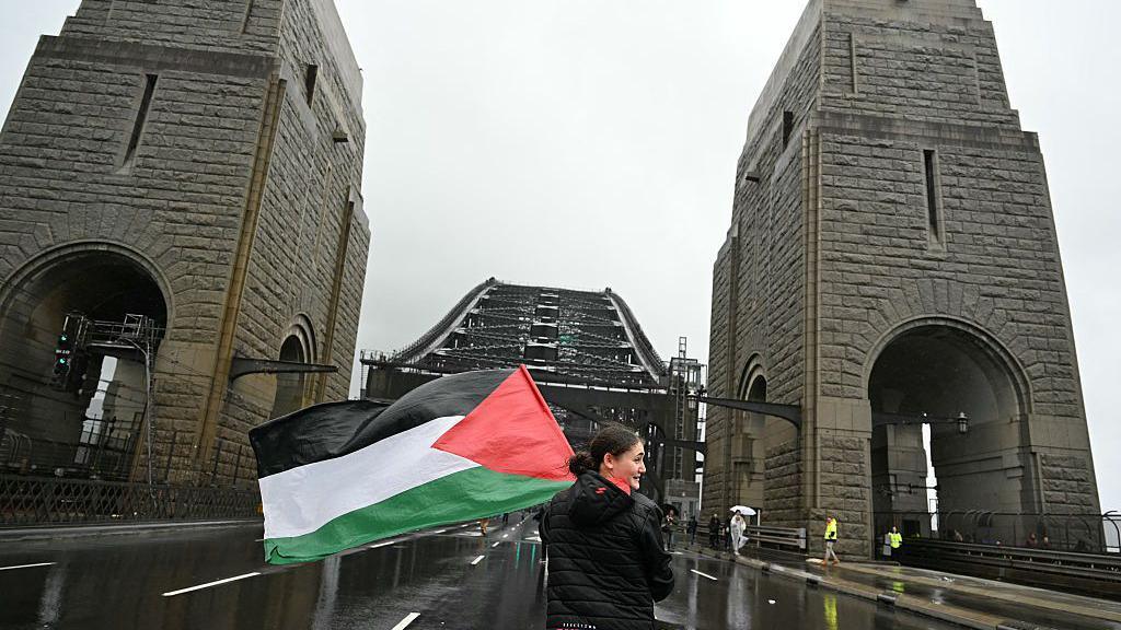 Një protestues me flamurin palestinez marshon në Urën e Portit të Sidneit