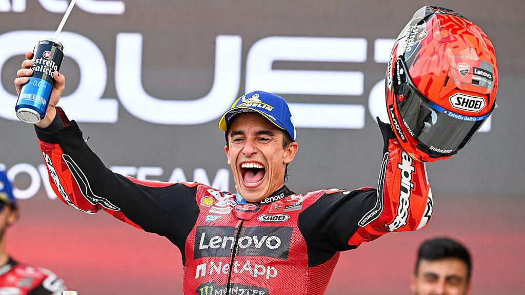 Marc Marquez of Spain riding the Lenovo Ducati (93) takes victory during the MotoGP of Hungary