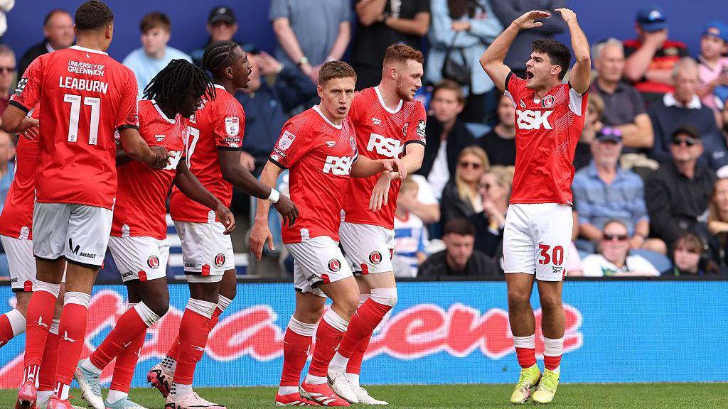 Rob Apter celebrates with his Charlton Athletic teammates