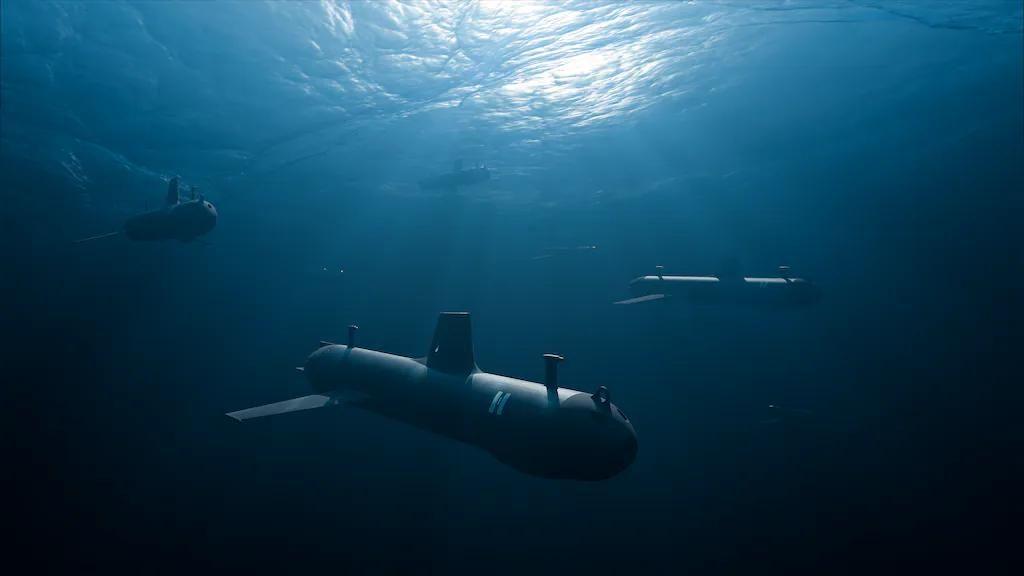 Three underwater vessels in a dark sea with fins visible.