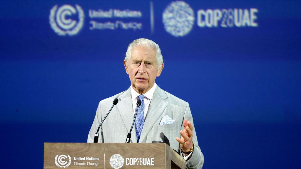 King Charles III gives a speech as he attends the opening ceremony of the World Climate Action Summit during COP28 in 2023.