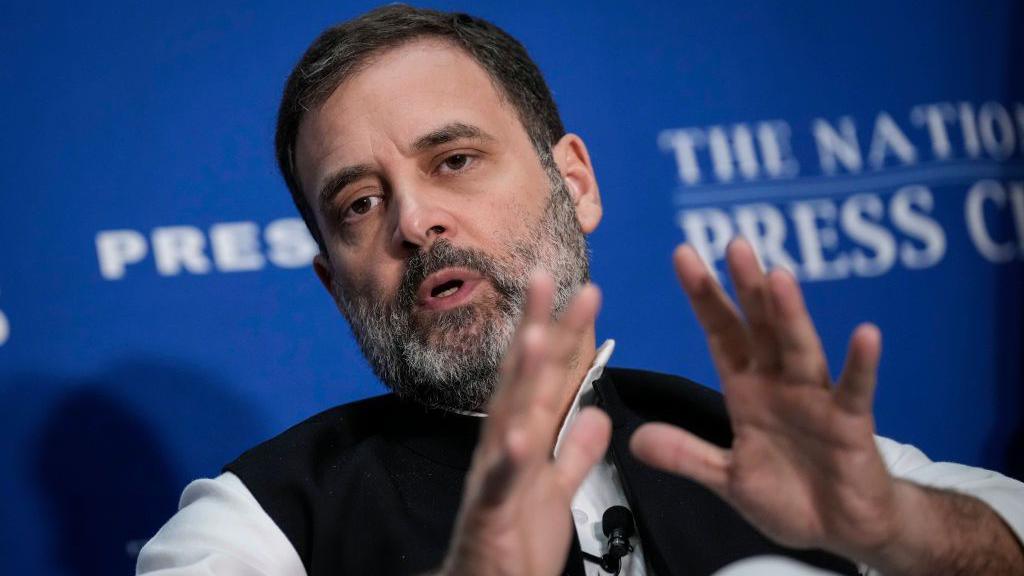 WASHINGTON, DC - JUNE 1: Indian opposition leader Rahul Gandhi speaks at the National Press Club on June 1, 2023 in Washington, DC. Gandhi is on weeklong trip to the United States. His remarks included his thoughts about the future of Indian democracy, freedom of speech and inclusive economic growth. (Photo by Drew Angerer/Getty Images)