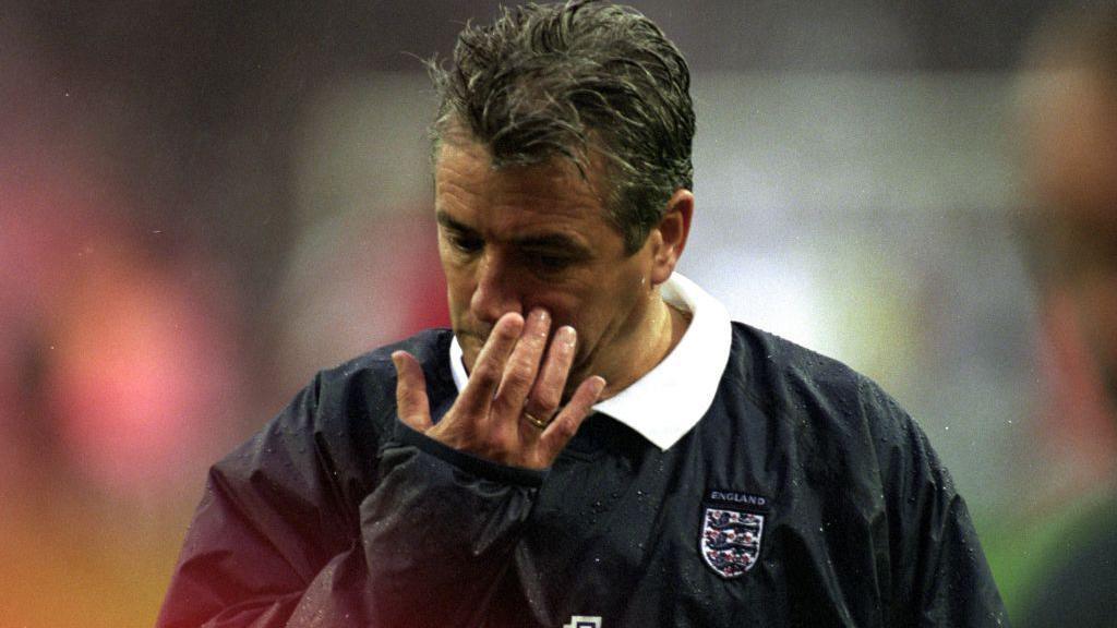Kevin Keegan looking disappointed after defeat in a World Cup qualifier against Germany in the final game at the old Wembley