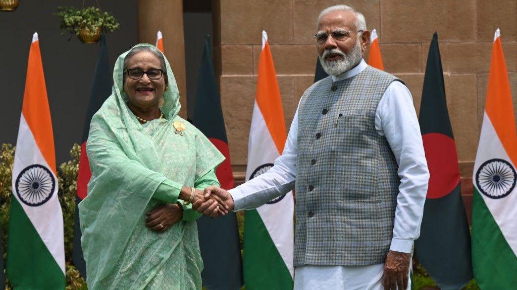 Prime Minister Narendra Modi and Bangladesh's Prime Minister Sheikh Hasina before their meeting at Hyderabad house, on June 22, 2024 in New Delhi, India. 