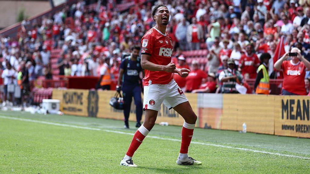 Harvey Knibbs celebrates scoring his first goal for Charlton Athetic on his debut against Watford