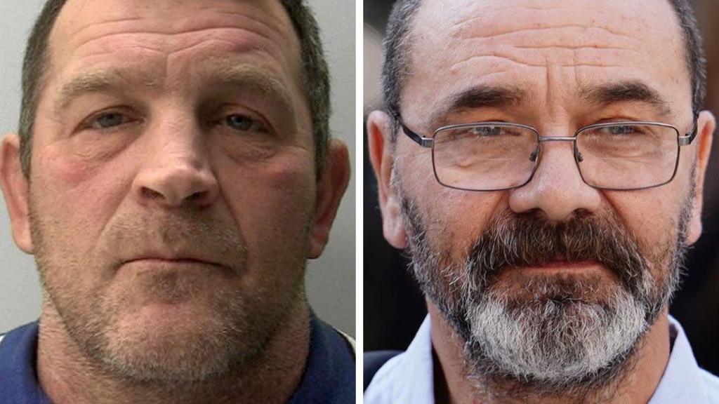 Split screen headshots of Andrew Malkinson, who has a beard and wears glasses, on the right and Paul Quinn on the left