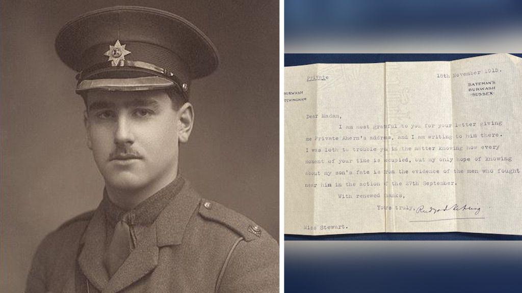 John Kipling looking into camera wearing military uniform alongside an image of letters sent by his father Rudyard Kipling 