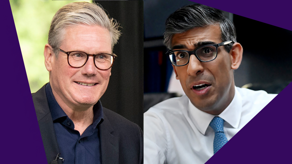 Rishi Sunak and Keir Starmer are seen in a composite image with the BBC election purple banner underneath