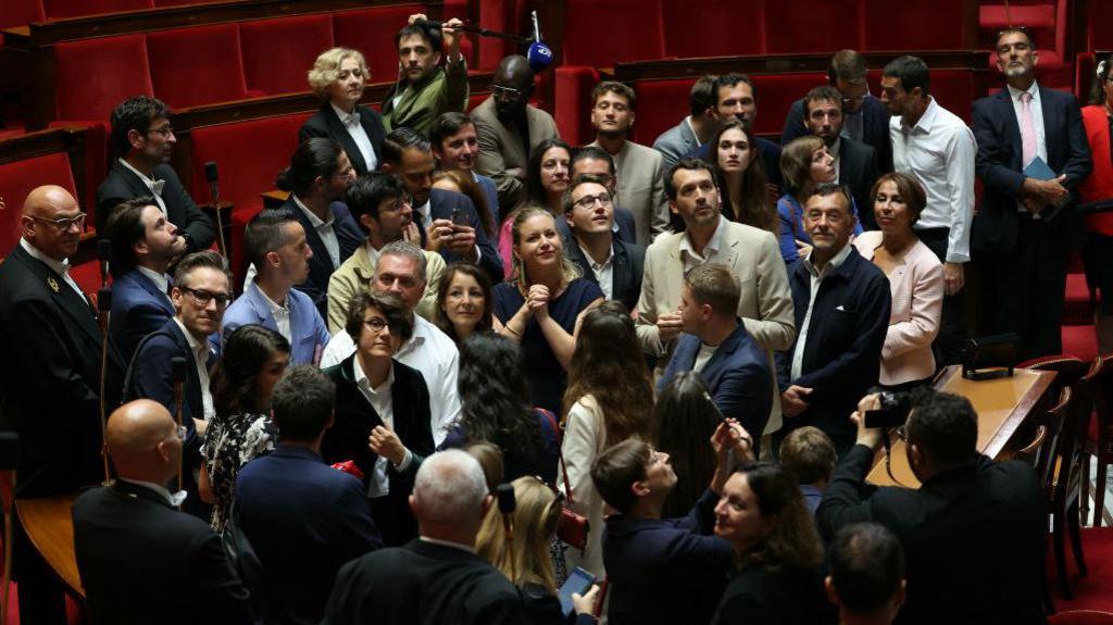 French newly-elected Members of Parliament (MP) for the La France Insoumise (LFI) party of the leftist coalition "Nouveau Front Populaire" (New Popular Front - NFP) gather at France's National Assembly in Paris on July 9, 2024