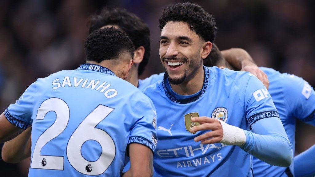 Omar Marmoush celebrates scoring a hat-trick for Man City against Newcastle