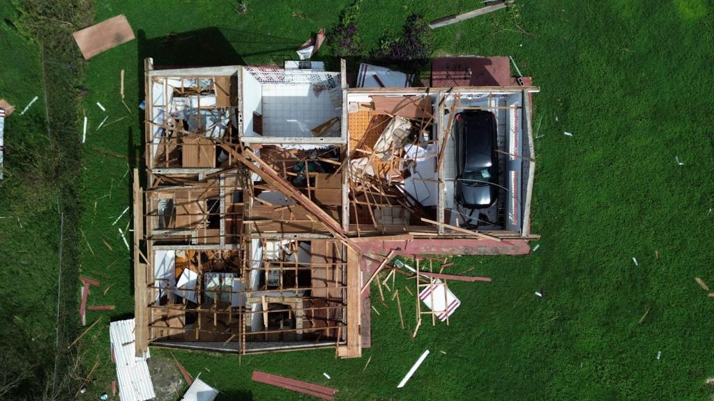 An aerial view shows a damaged property October 29, 2025 following the passage the previous day of Hurricane Melissa.