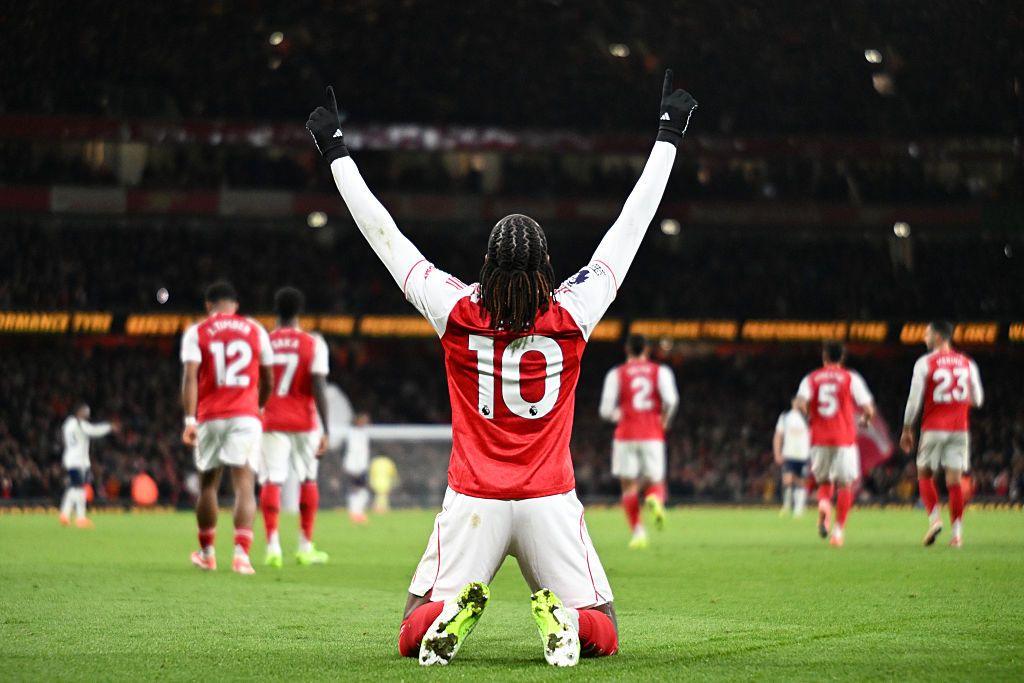Eze celebrates a goal scored against Spurs. 