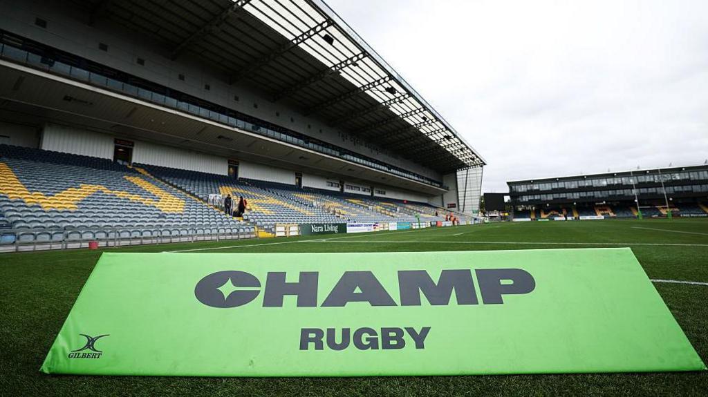 A general view of Worcester Warriors' Sixways Stadium with the Champ Rugby branded board in the foreground