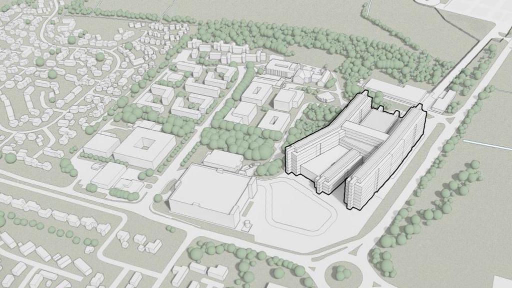 Drawing of the new hospital complex with surrounding landscape.