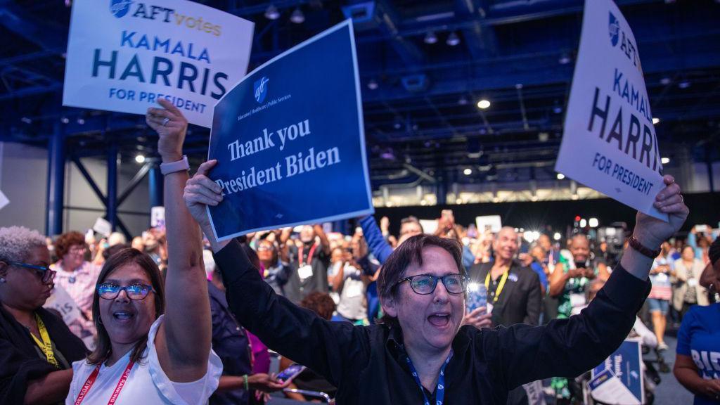 ttendees cheer during Vice President Kamala Harris' speech at the American Federation of Teachers' 88th National Convention