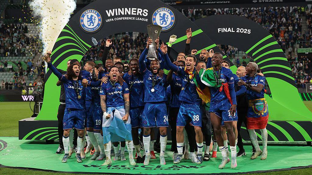 Chelsea celebrate winning the 2024-2025 Conference League trophy
