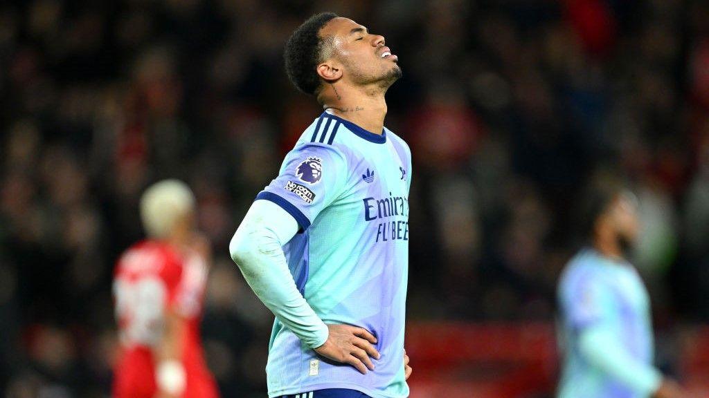 Gabriel of Arsenal dejected as his side are held at Forest