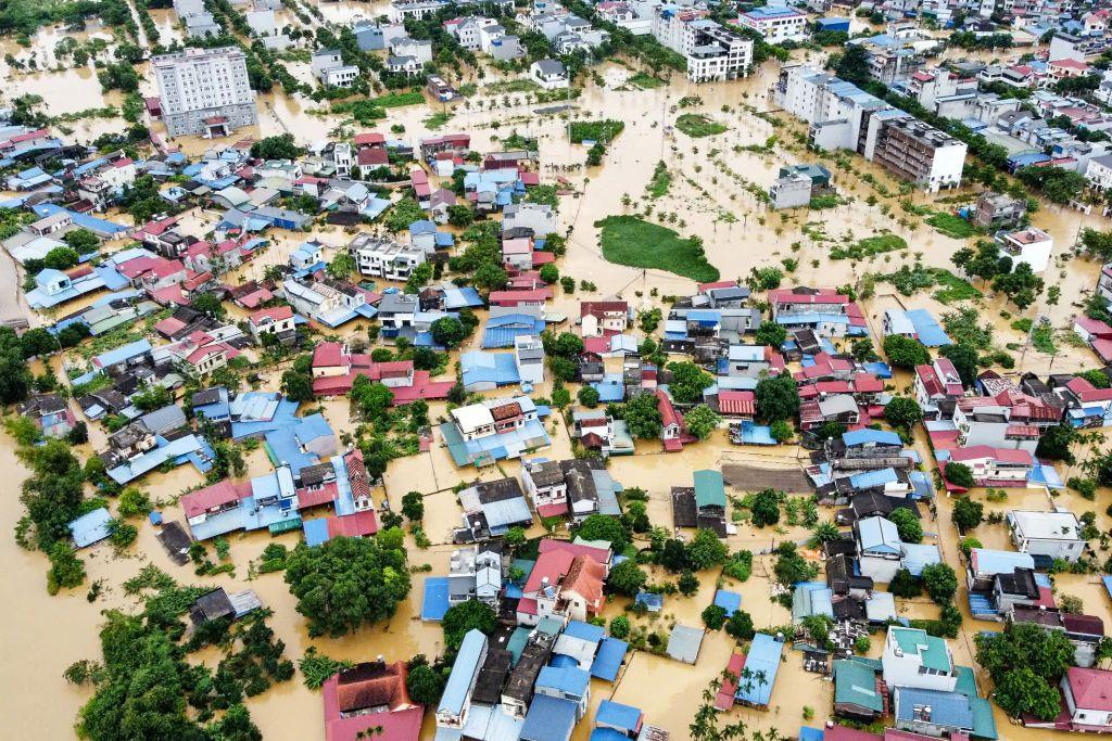 Aerial picture showing flooded streets and buildings in Thai Nguyen province