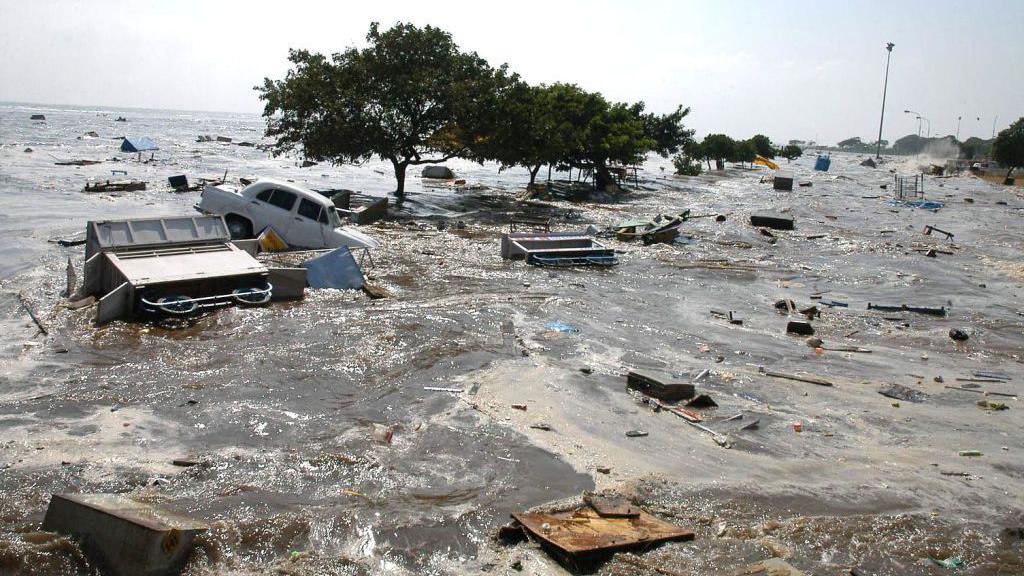 A general view of the scene at the Marina beach in Madras, 26 December 2004, after tidal waves hit the region. Tidal waves devastated the southern Indian coastline killing 1000 people, the home minister said, warning that the grim death toll was expected to rise. Disaster struck just after dawn as a huge earthquake in Indonesia sent tsunamis crashing westwards, sweeping men, women and children out to sea