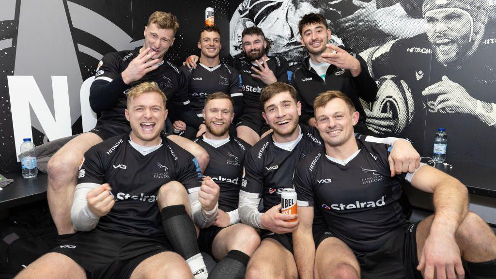 Newcastle players celebrate beating Saracens