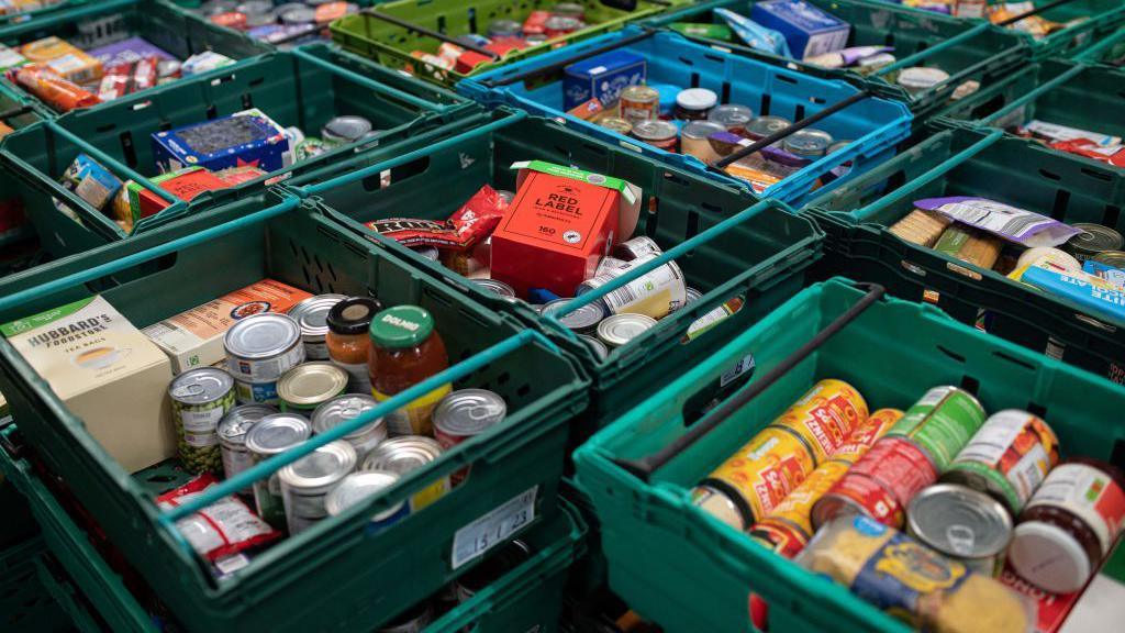 A variety of different food cans in lots of green crates stacked on each other at a food distribution centre.