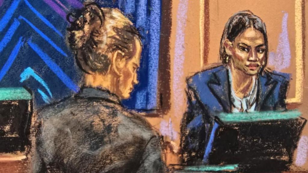 A court sketch shows lawyer Anna Estevao questioning Cassie Ventura