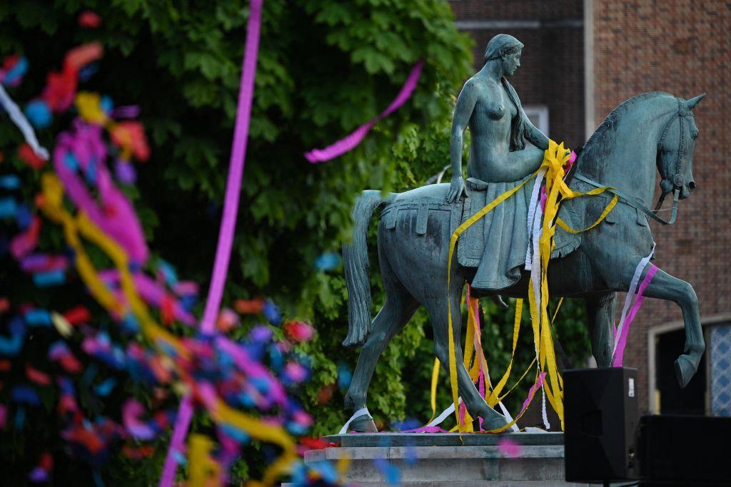 The statue of Lady Godiva is covered in confetti during City of Culture celebrations