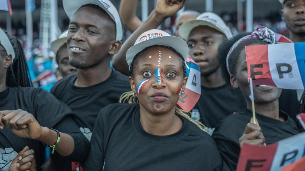 Rwanda Patriotic Front (FPR) supporters gather during a kick-off rally to support Rwandan President Paul Kagame, in Musanze on June 22, 2024