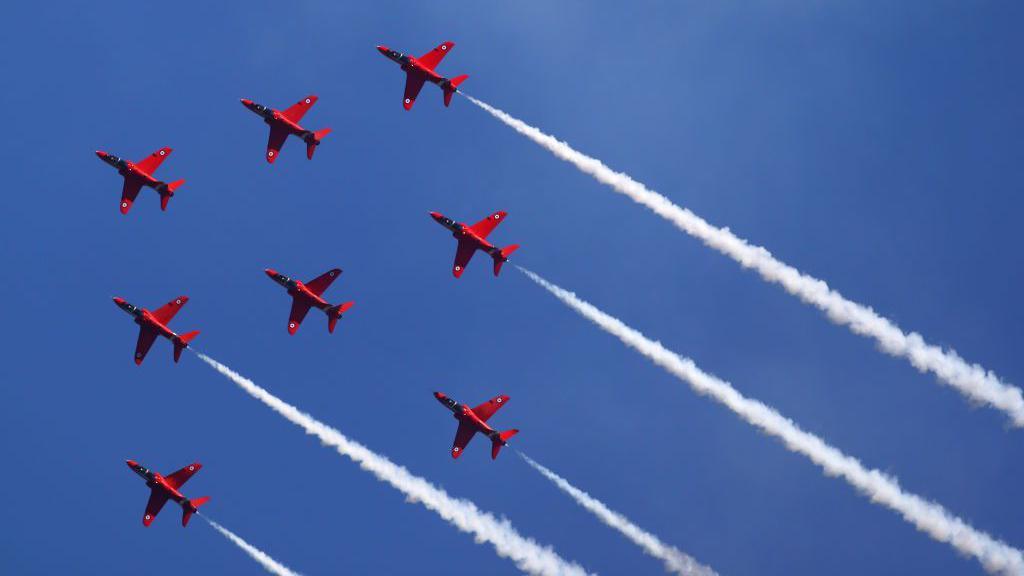 The Red Arrows perform above the circuit before the F1 Grand Prix of Great Britain at Silverstone on July 18, 202