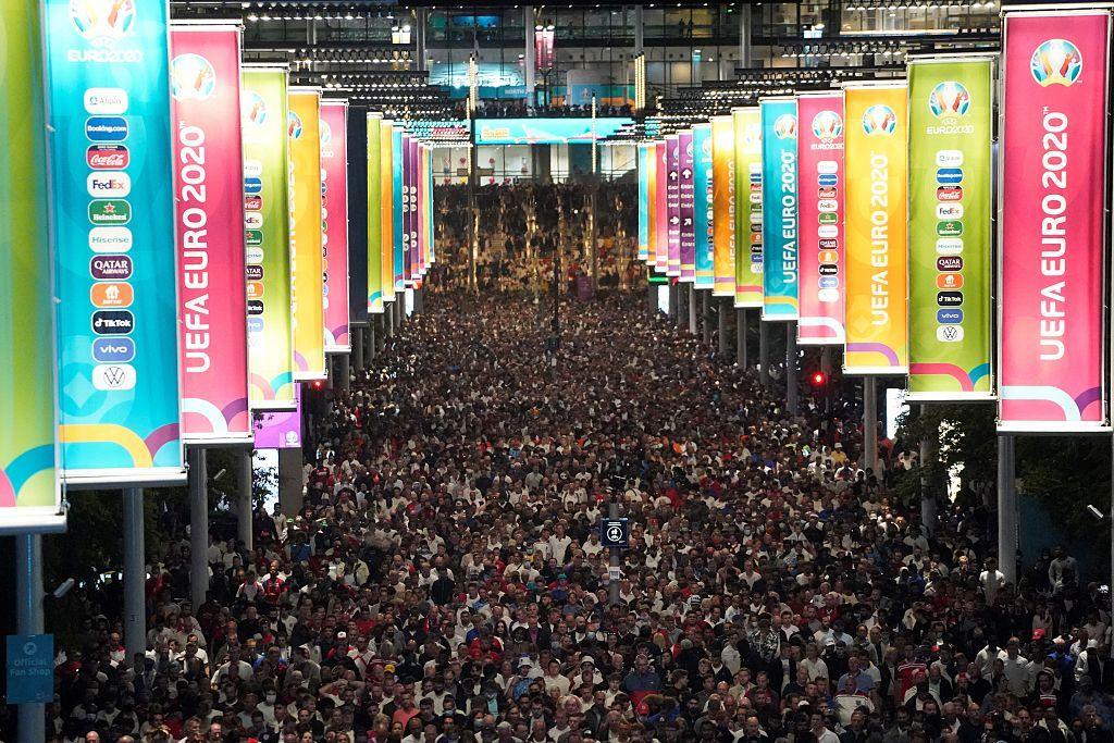 A crowded Wembley Way before the Euro 2020 final. 