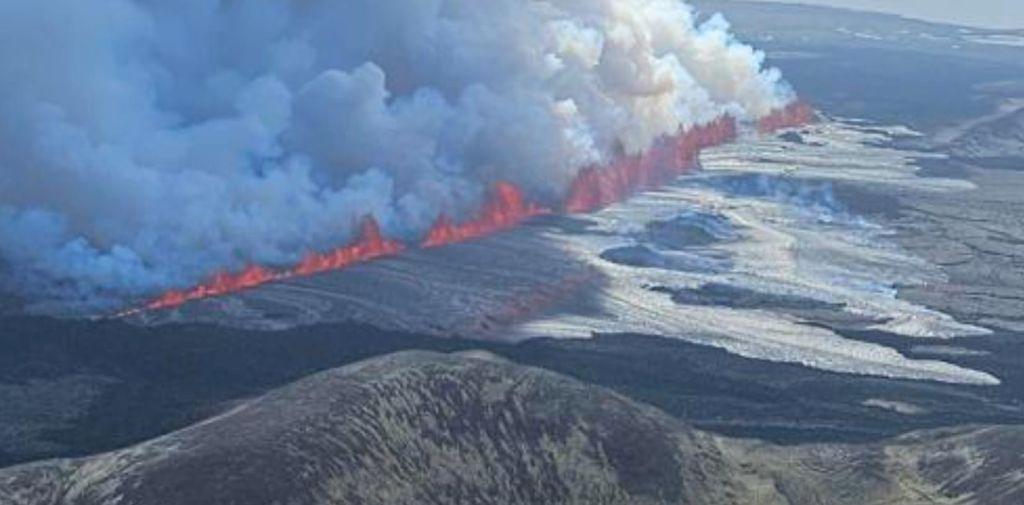 Another volcanic eruption is seen from a helicopter flight Landhelgisgasla Islands.