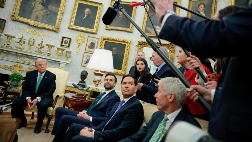 U.S. President Donald Trump speaks as he meets with Irish Taoiseach