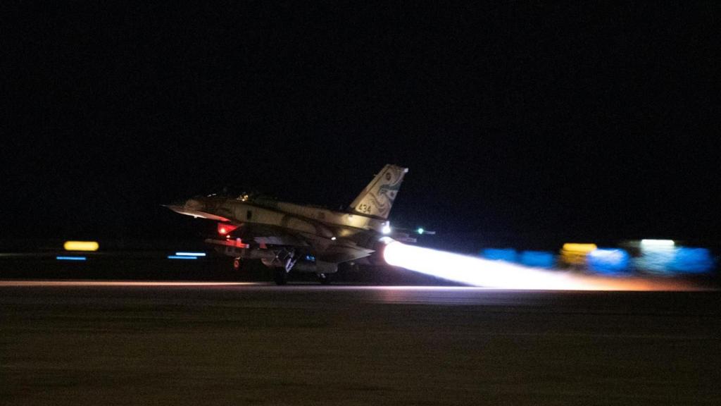 An Israeli fighter jet takes off at an unidentified location to conduct strikes on Hezbollah targets in southern Lebanon