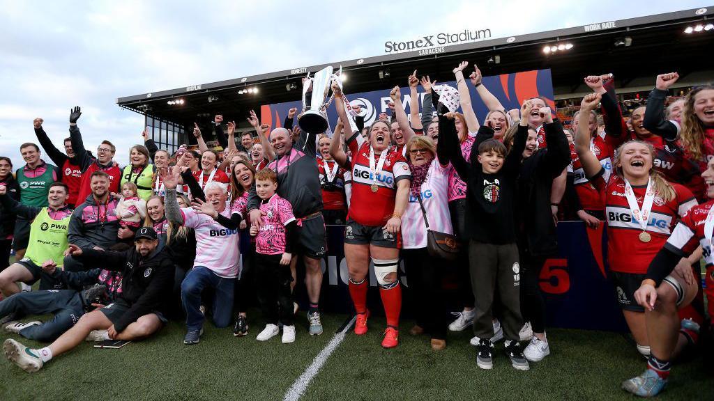 Gloucester–Hartpury celebrate winning Premiership Women's Rugby Trophy in 2025 