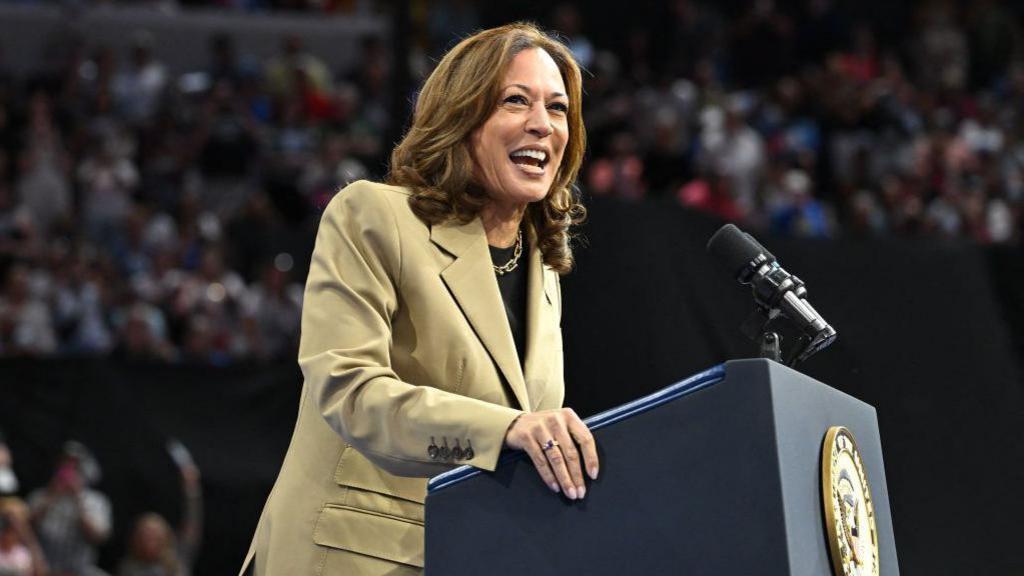 Kamala Harris speaks during a campaign event at Desert Diamond Arena in Glendale, Arizona