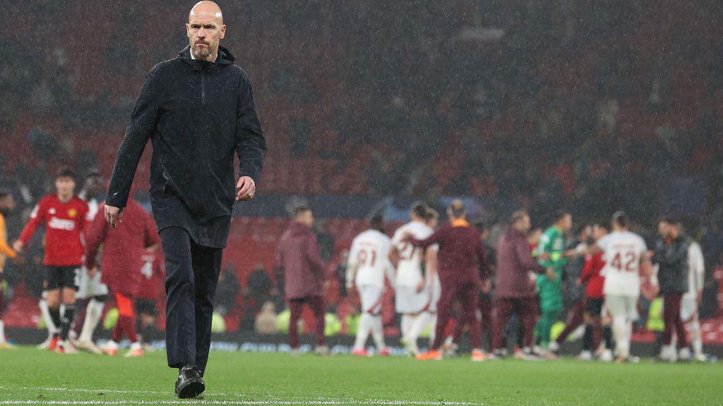 Erik ten Hag walks off the pitch after a Champions League game against Galatasaray