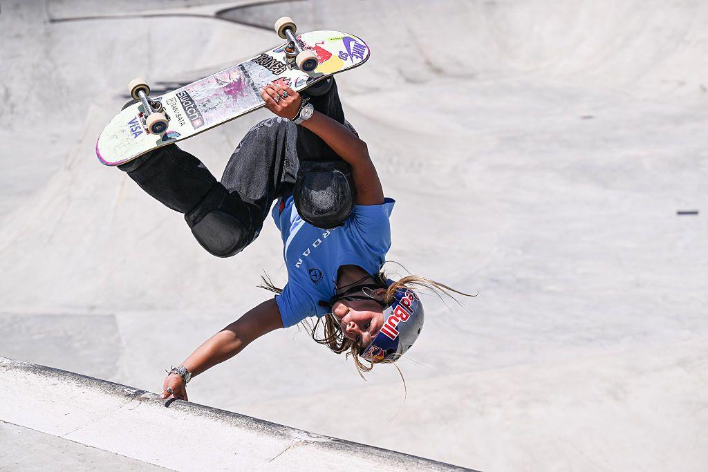 Sky Brown during the Women's Quarterfinal of the World Cup Rome 2026. She is seen performing a movement on her skateboard where she is upside down.