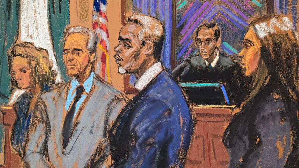 A court sketch of Sean 'Diddy' Combs with his lawyers as the judge watches in the background of the courtroom