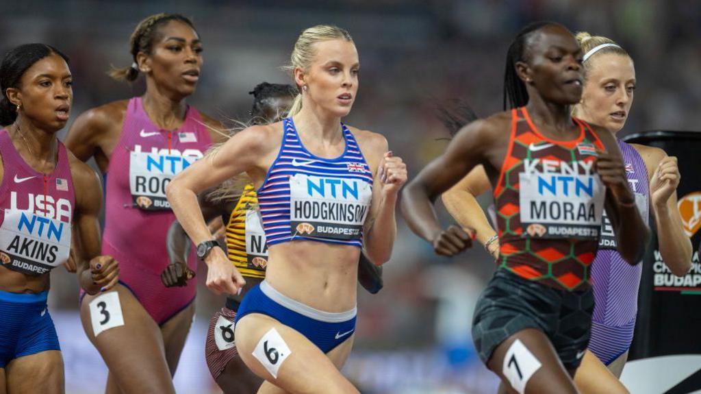 Kenya's Mary Moraa leads Keely Hodgkinson in the women's 800m at the 2023 World Championships in Budapest
