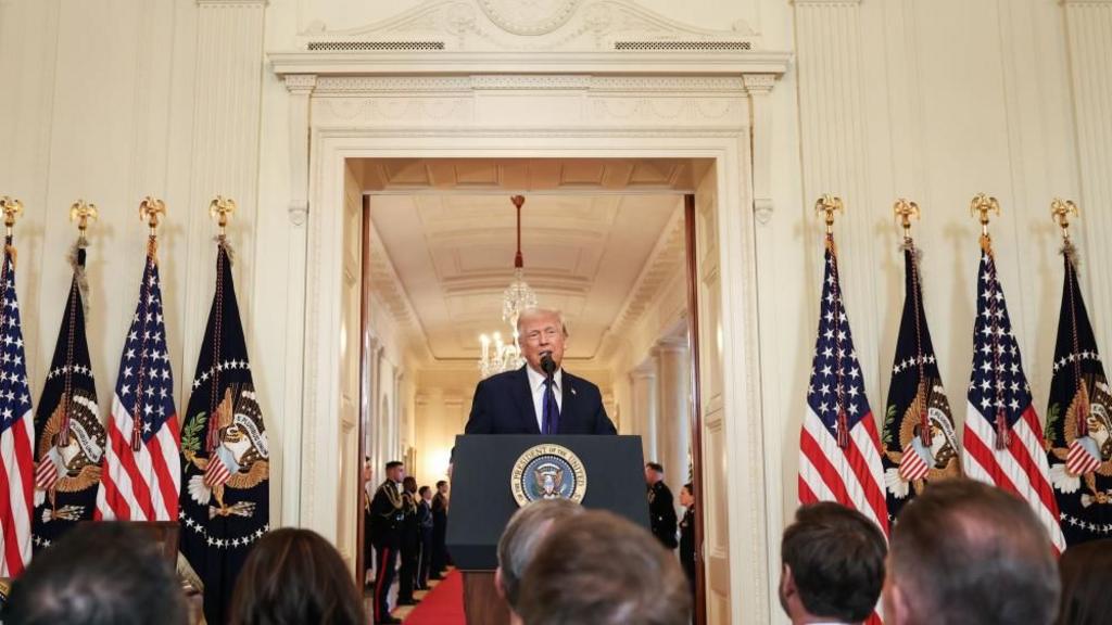 US President Donald Trump speaks during an event in the East Room of the White House