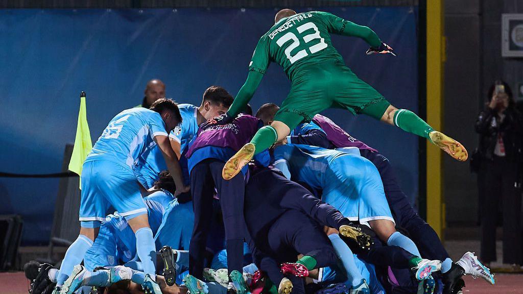 San Marino celebrating scoring against Denmark