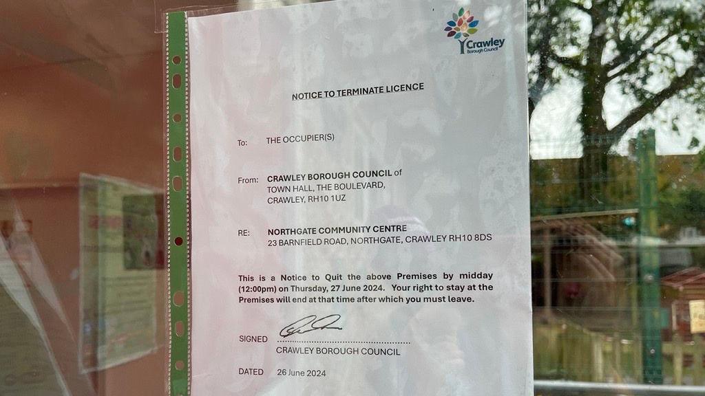 The eviction notice on the window of the Northgate Community Centre