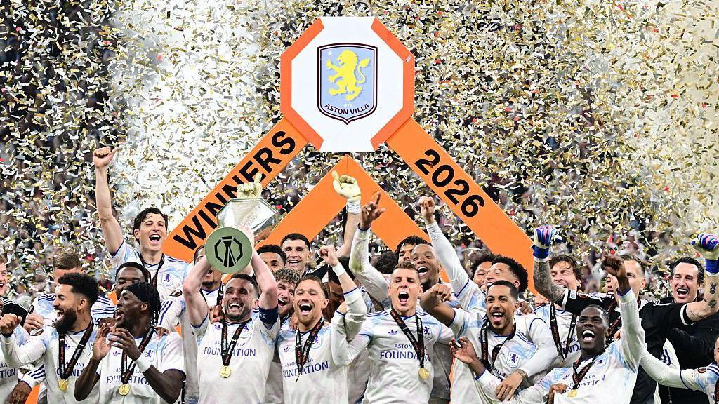 Aston Villa celebrate winning the 2026 Europa League final