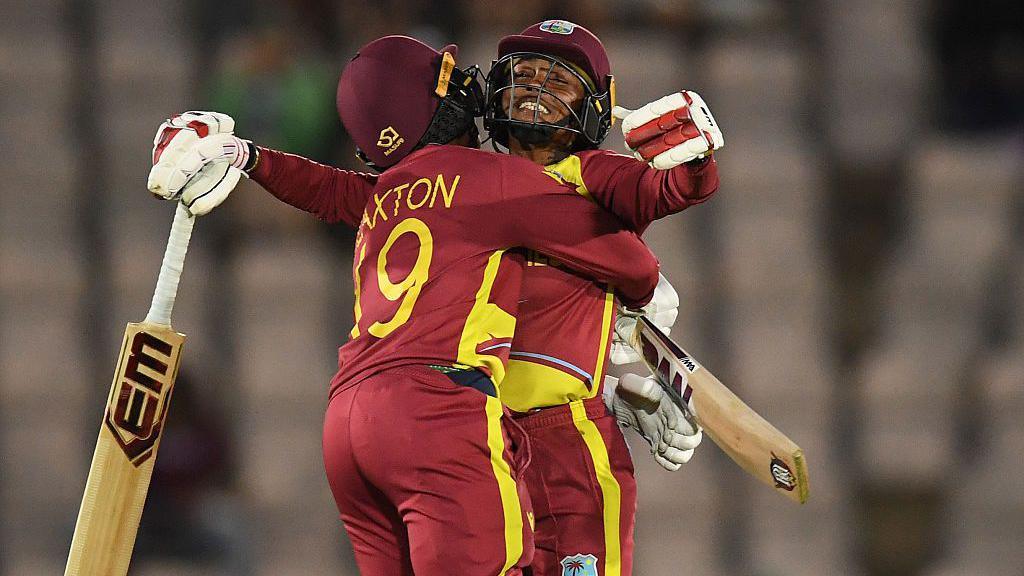Jahzara Claxton and Shemaine Campbelle celebrate hitting the winning runs v New Zealand at the Women's T20 World Cup 