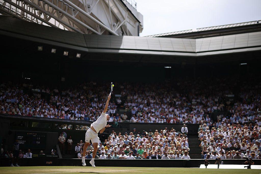 Germany's Alexander Zverev serves to Britain's Arthur Fery.