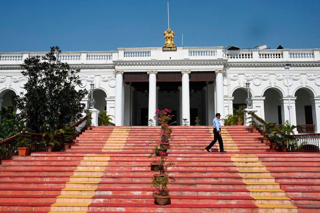 A man walks along the stairs of of the National Library of India in Kolkata